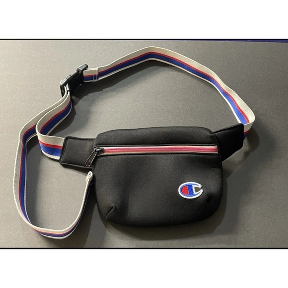 Champion Handbags - VTG Champion Attribute Waist Bag Fanny Pack Black with Gray Red Blue Belt 53"